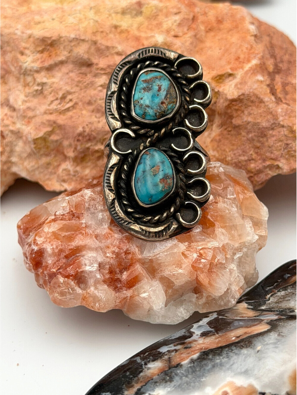 Vintage Native American Navajo Double Turquoise Stone Sterling Silver Ring